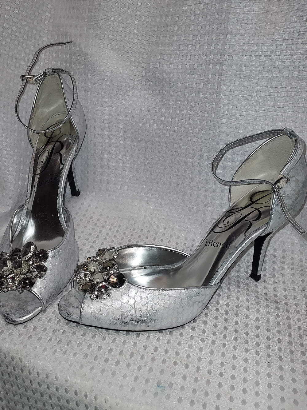 J.Renee Silver Jeweled Peep-Toe Ankle-Strap Heels